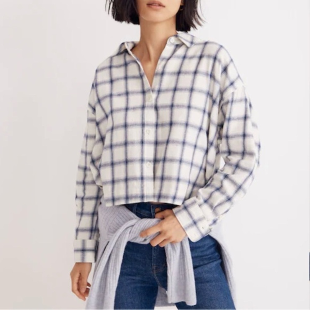 Madewell Flannel Hartfield Crop Shirt Windowpane Royal Blue S